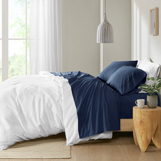 Madison Park 200 Thread Count Cotton Peached Percale Sheet Set in Navy