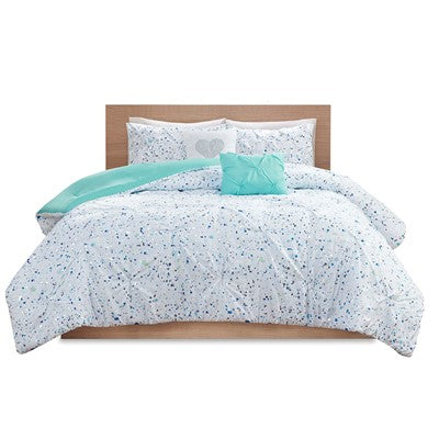 Abby Metallic Printed and Pintucked Duvet Cover Set in Aqua blue Twin / Twin XL - Bedding For U